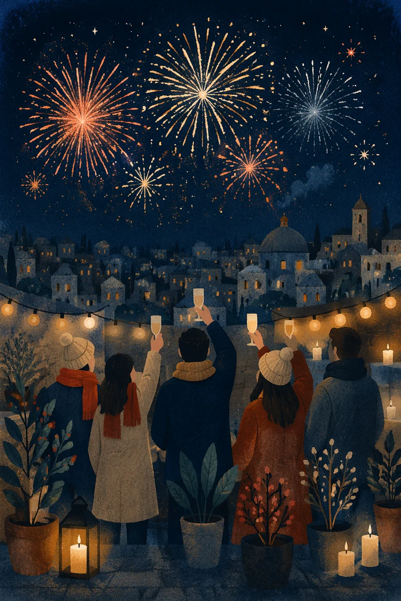New Year Fireworks Over Rooftop Celebration