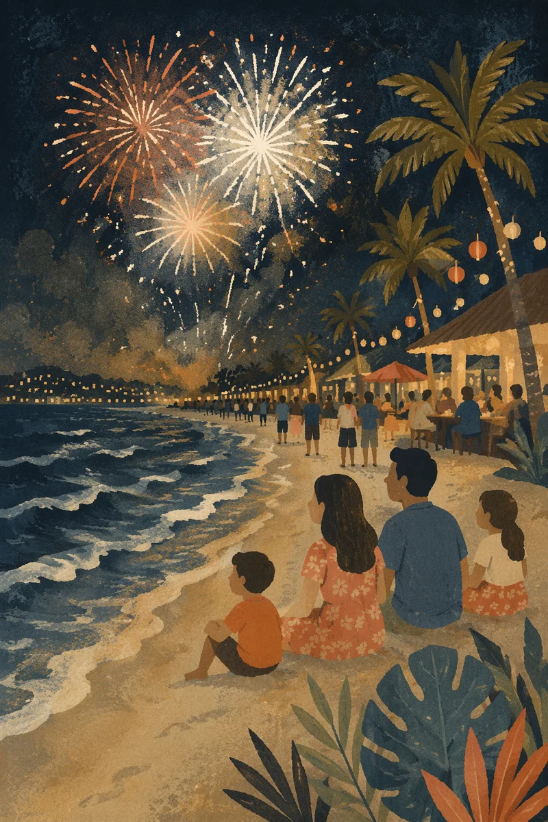 New Year Fireworks Over Tropical Beach
