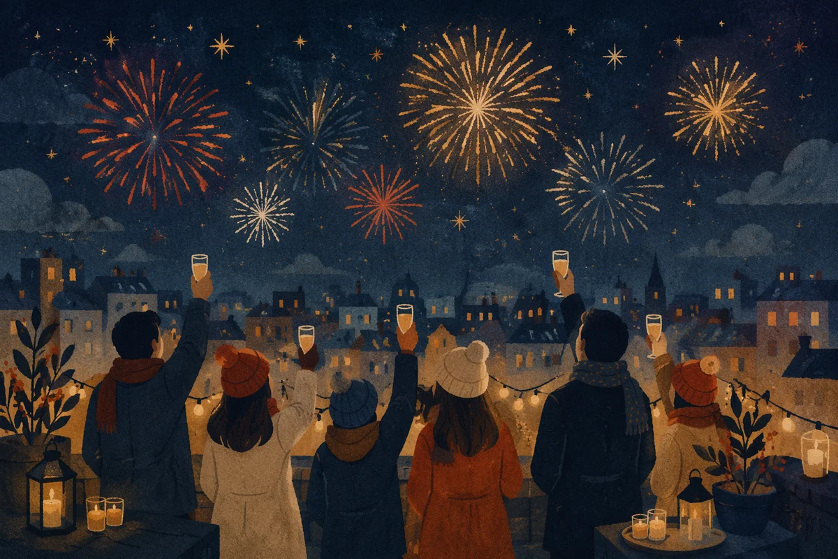 New Year Fireworks Over City Rooftop