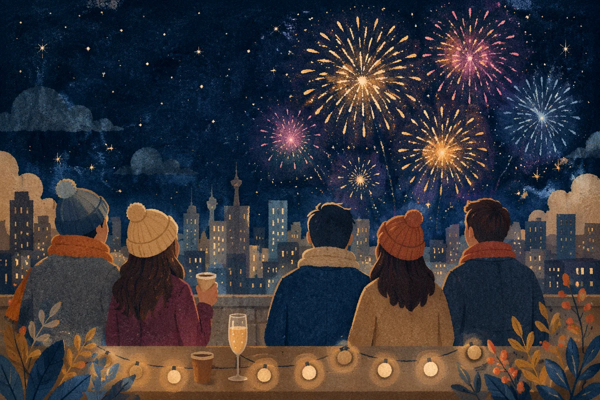 New Year Fireworks Over City Rooftop