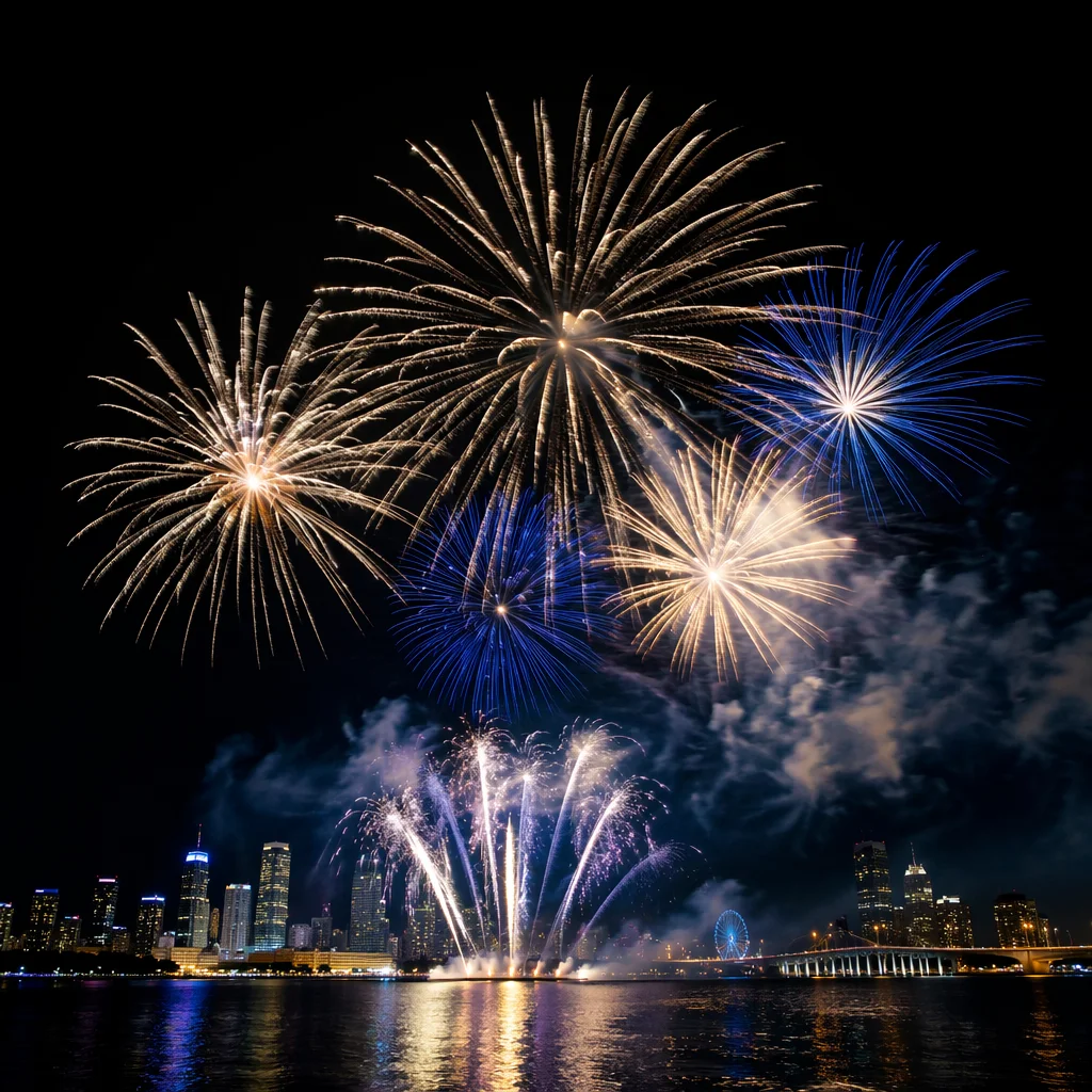 New Year Fireworks Over Waterfront Skyline