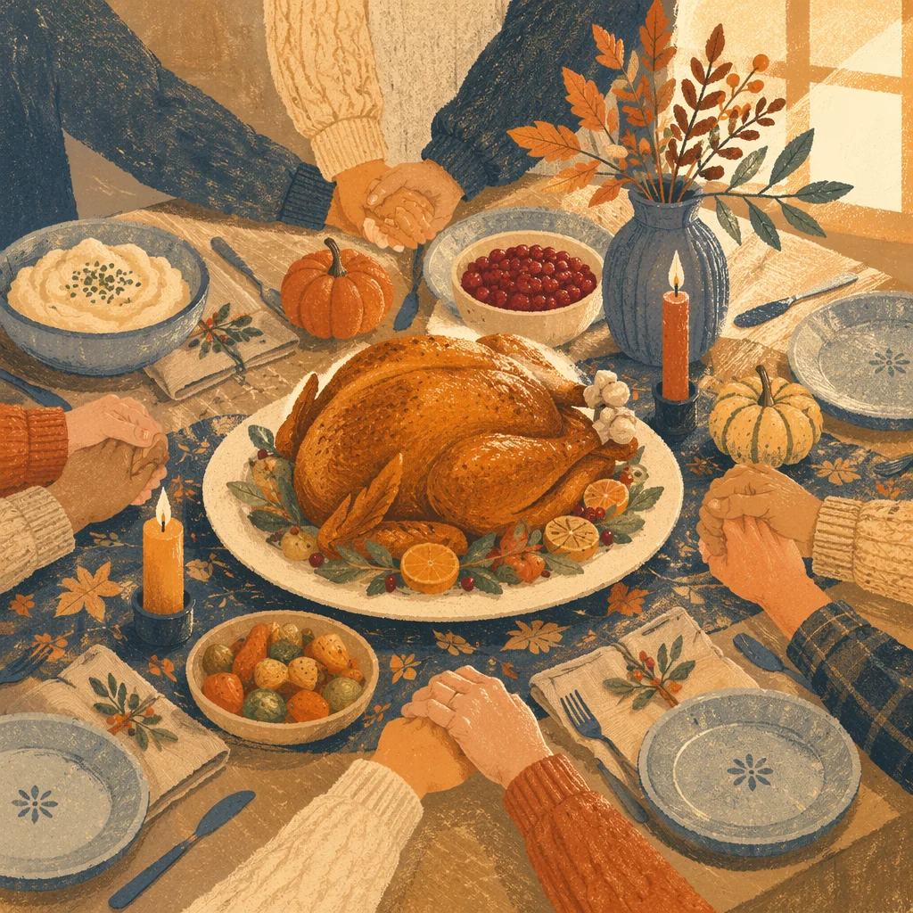Thanksgiving Family Prayer Around Turkey Dinner