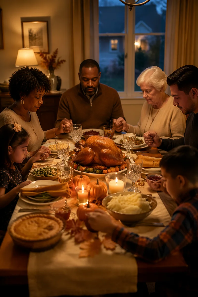 Family Praying at Thanksgiving Dinner Table