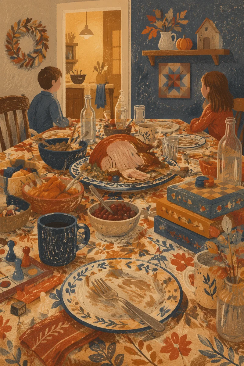 Cozy Thanksgiving Feast Table After Dinner