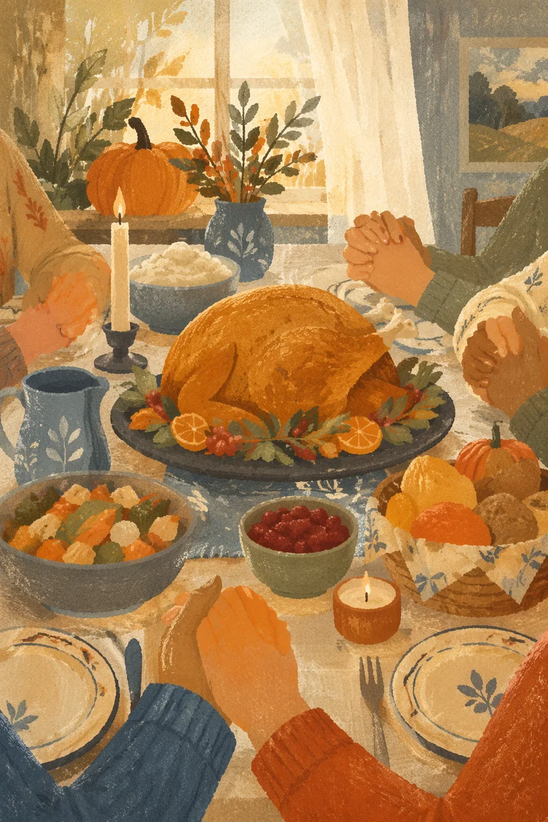 Thanksgiving Prayer Around Golden Turkey Feast