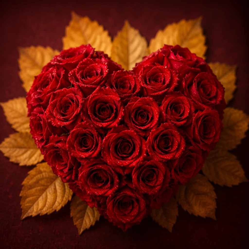 Romantic Red Rose Heart with Golden Leaves