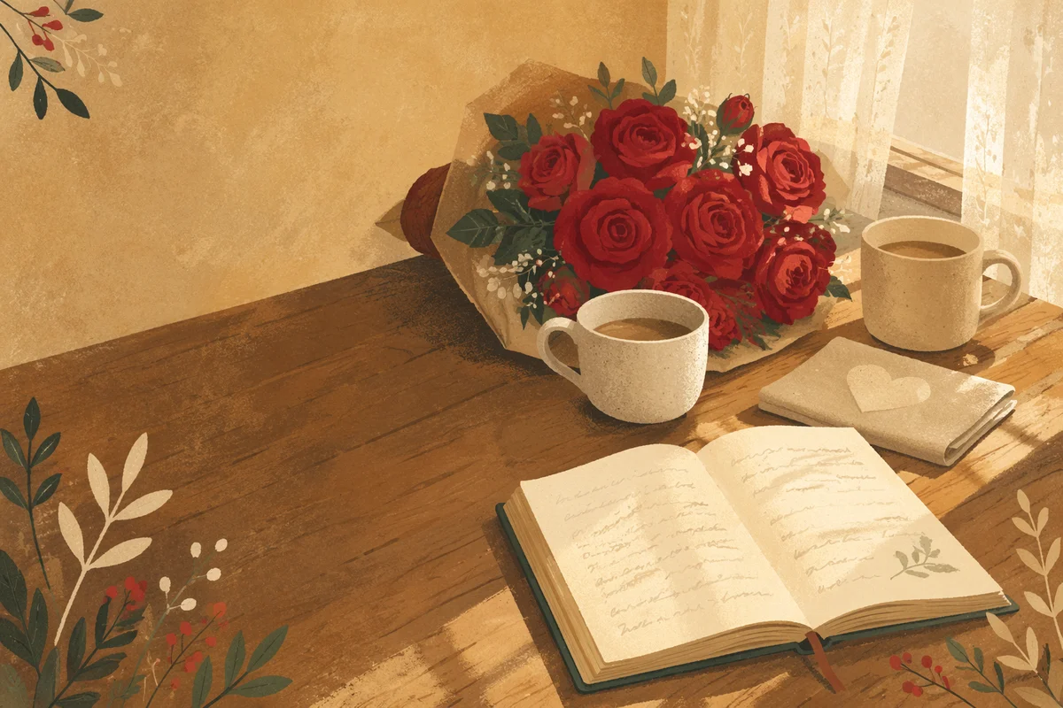 Red Roses and Mugs by Window