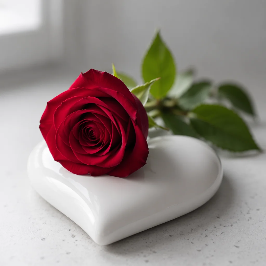 Red Rose on Ceramic Valentine Heart