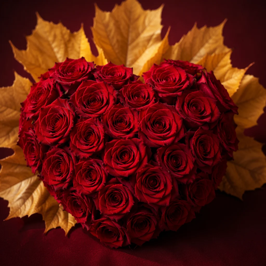 Romantic Red Rose Heart with Golden Leaves