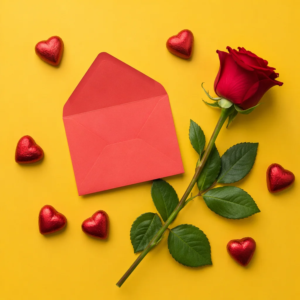 Valentine Flat Lay with Red Rose