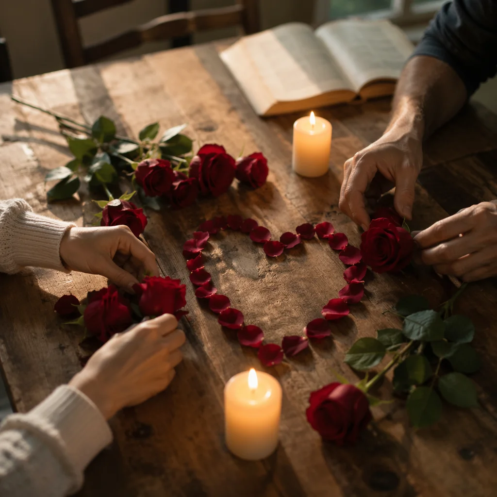 Valentine Roses and Petal Heart Still Life
