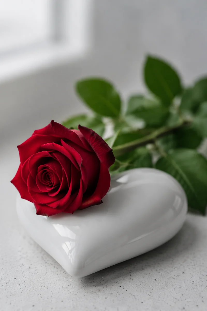Red Rose on White Ceramic Heart