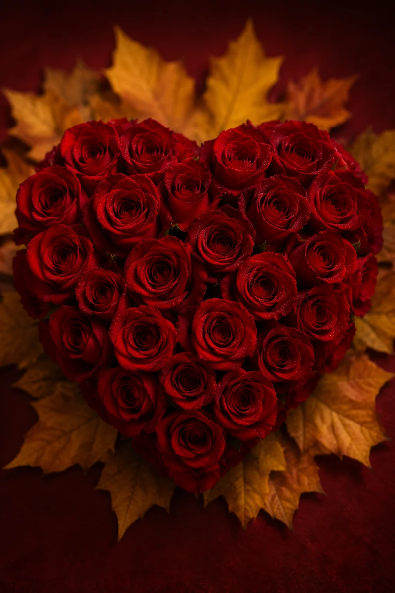 Romantic Red Rose Heart with Golden Leaves