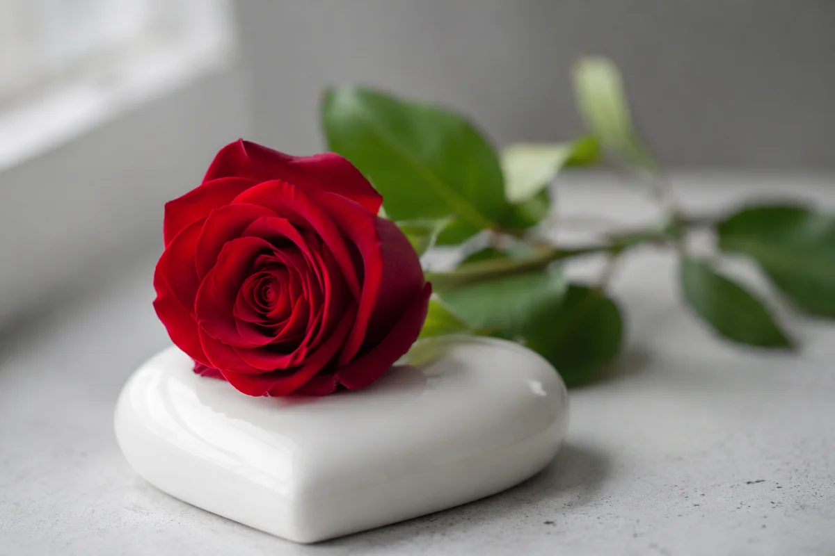 Red Rose on White Ceramic Heart
