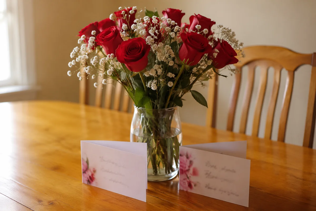 Romantic Valentine Roses on Warm Wooden Table