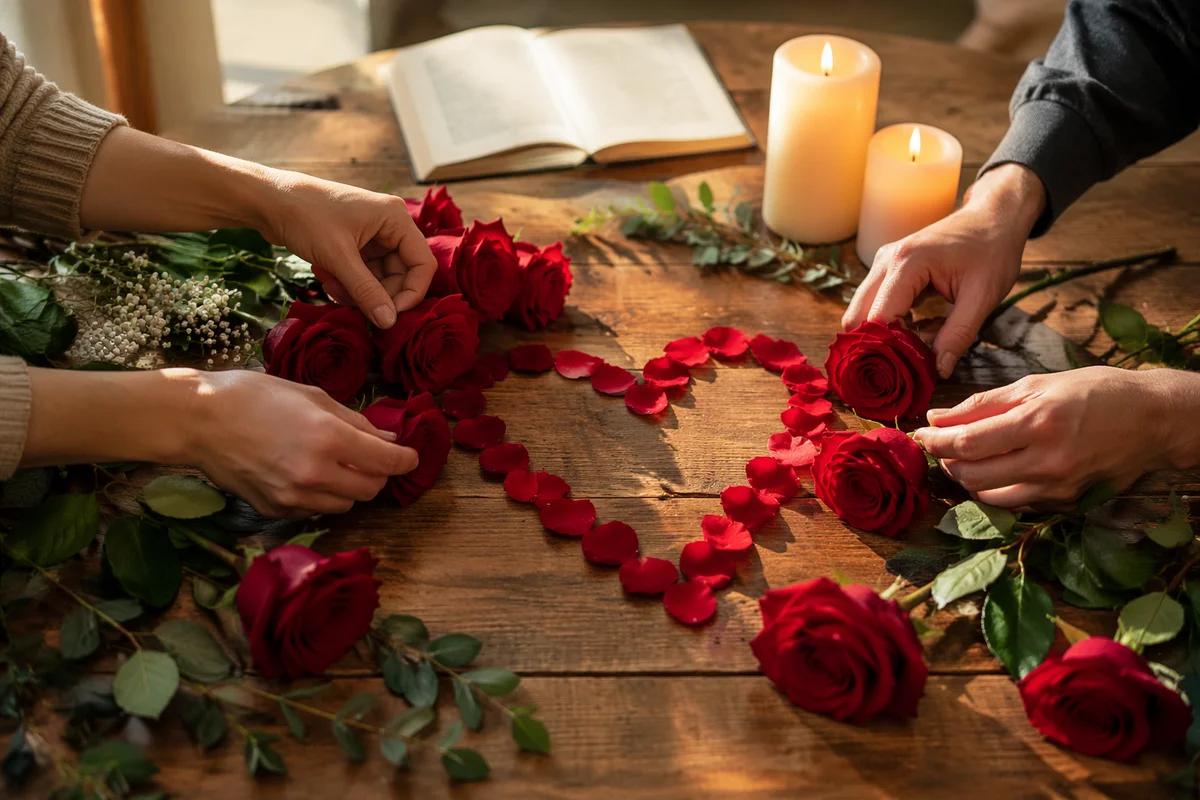 Valentine Roses and Candlelit Heart Petals
