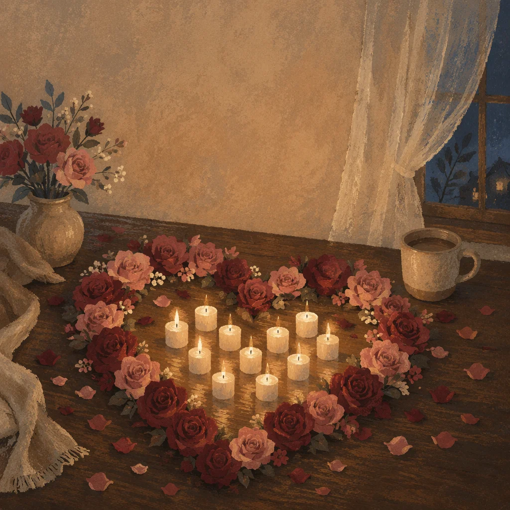 Heart Shaped Roses and Candlelight Valentine Decor