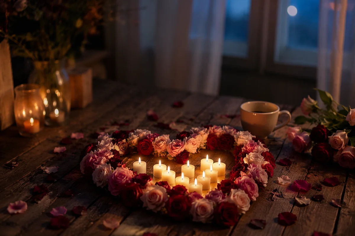 Heart Shaped Roses and Candlelight Valentine Scene