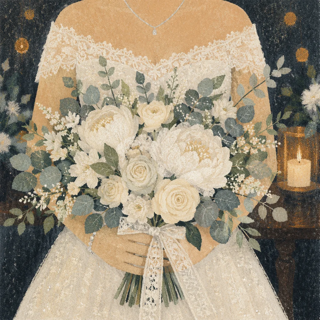 Elegant White Bridal Bouquet with Lace Gown
