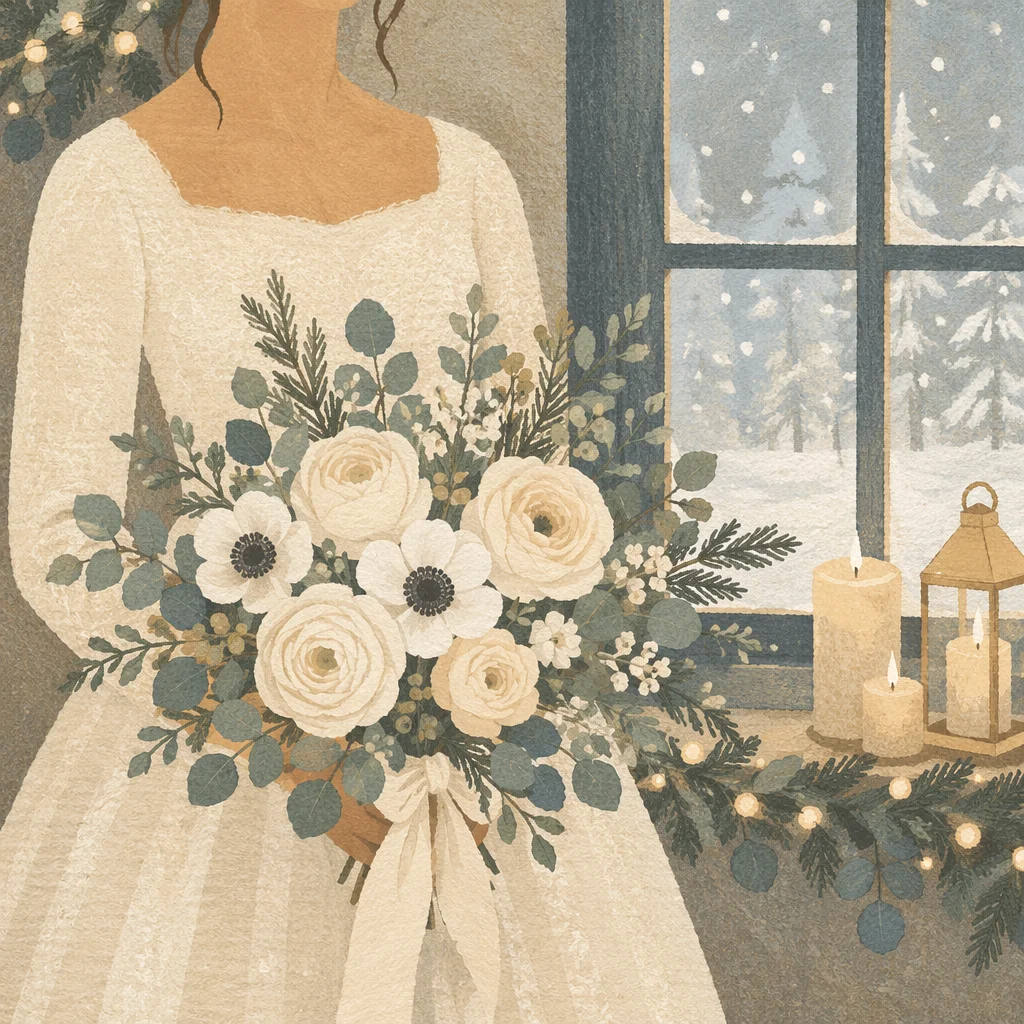 Winter Bride Holding White Wedding Bouquet