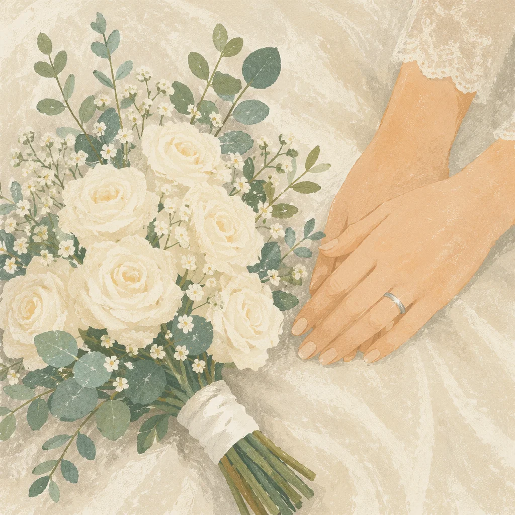 Bride Hands with White Wedding Bouquet