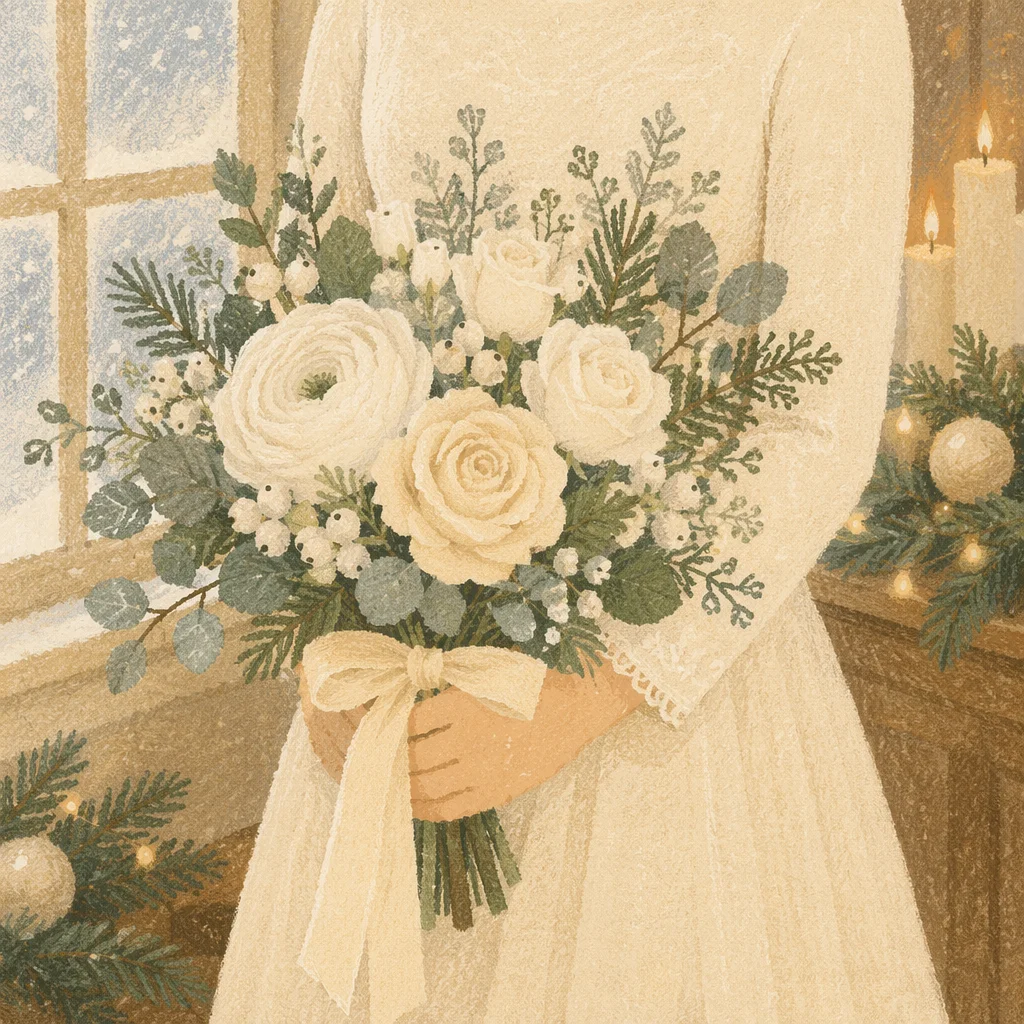 Holiday Bride Holding White Winter Bouquet