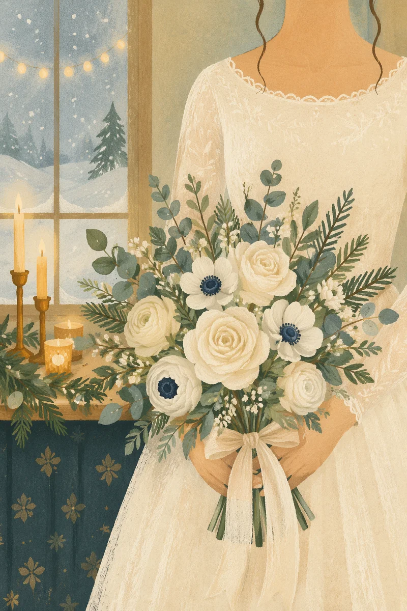 Winter Bride Holding White Wedding Bouquet