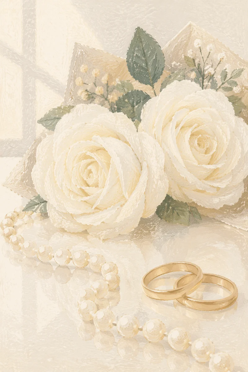 White Rose Bridal Bouquet With Gold Rings