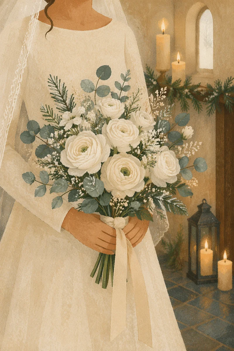 Winter Chapel Bride with White Bouquet