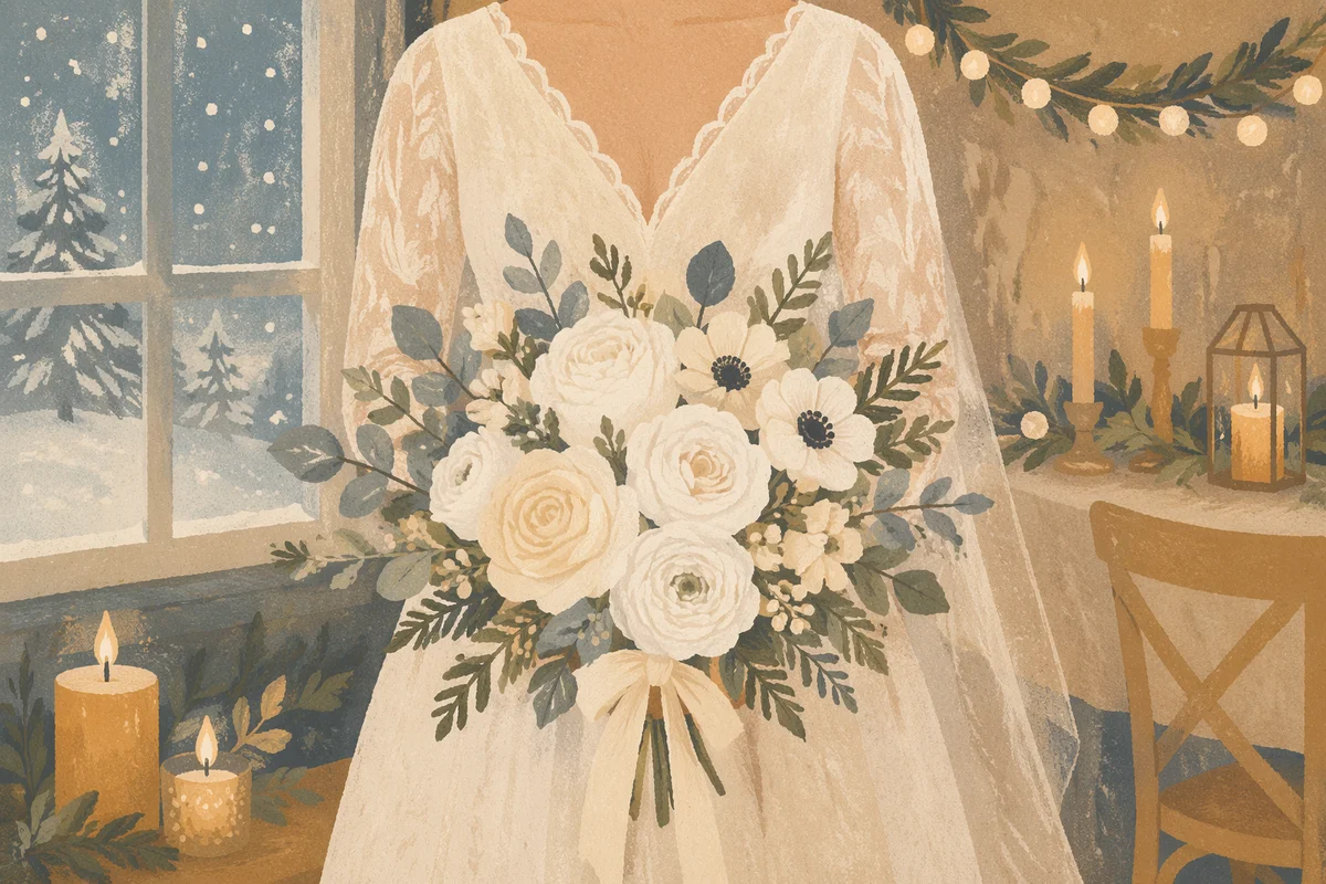 Winter Bride Holding White Wedding Bouquet