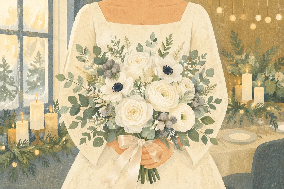 Winter Bride Holding White Wedding Bouquet