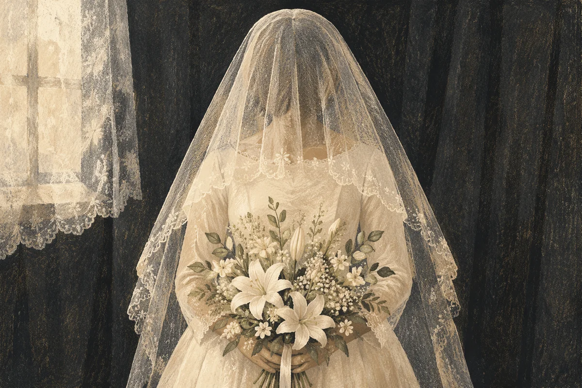 Veiled Bride with White Lily Bouquet