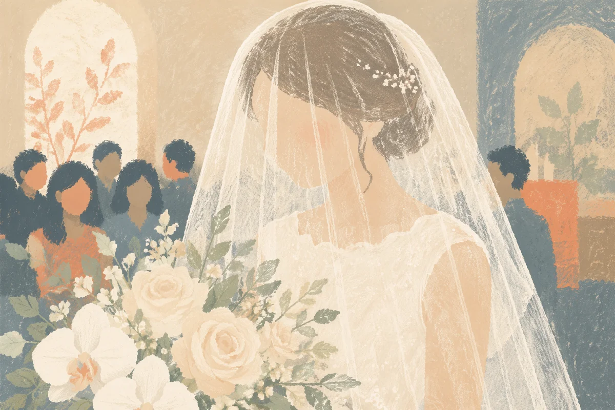 Veiled Bride Holding White Wedding Bouquet