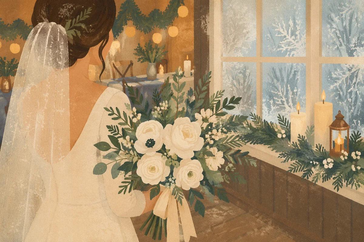 Winter Bride Holding White Holiday Bouquet