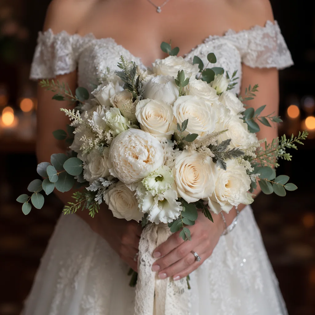 Elegant White Bridal Bouquet Close Up