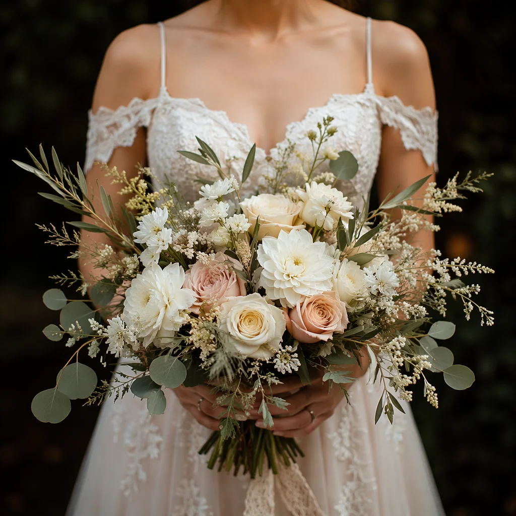 Elegant Bride Holding White Wedding Bouquet