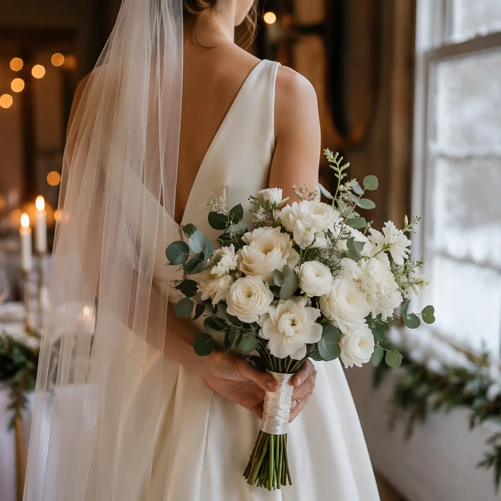 Winter Bride Holding White Wedding Bouquet
