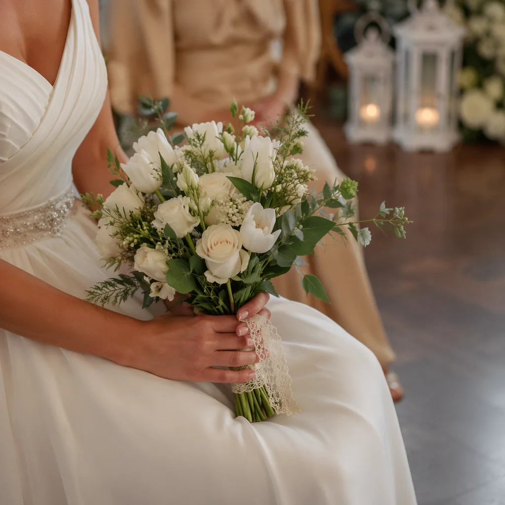 Bride Holding White Wedding Bouquet Closeup