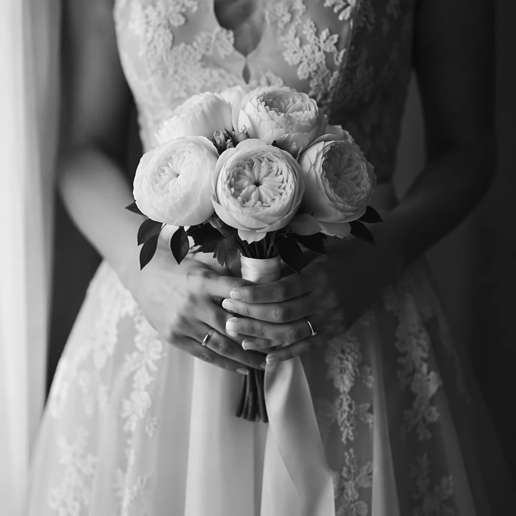 Bride Holding White Rose Wedding Bouquet