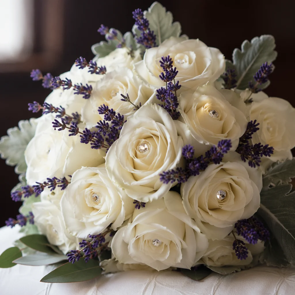 White Rose Bridal Bouquet with Lavender