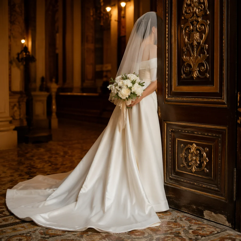 Veiled Bride with White Holiday Bouquet