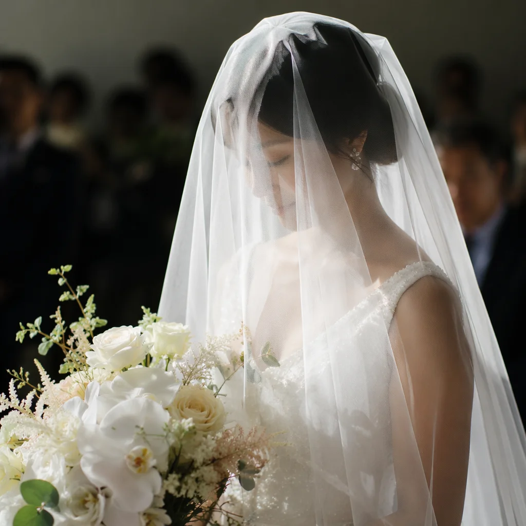 Veiled Bride Holding White Wedding Bouquet
