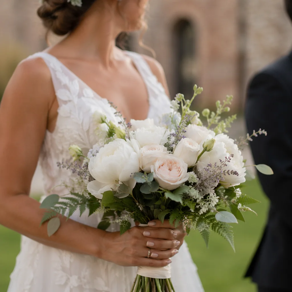 Bride Holding White Peony Wedding Bouquet