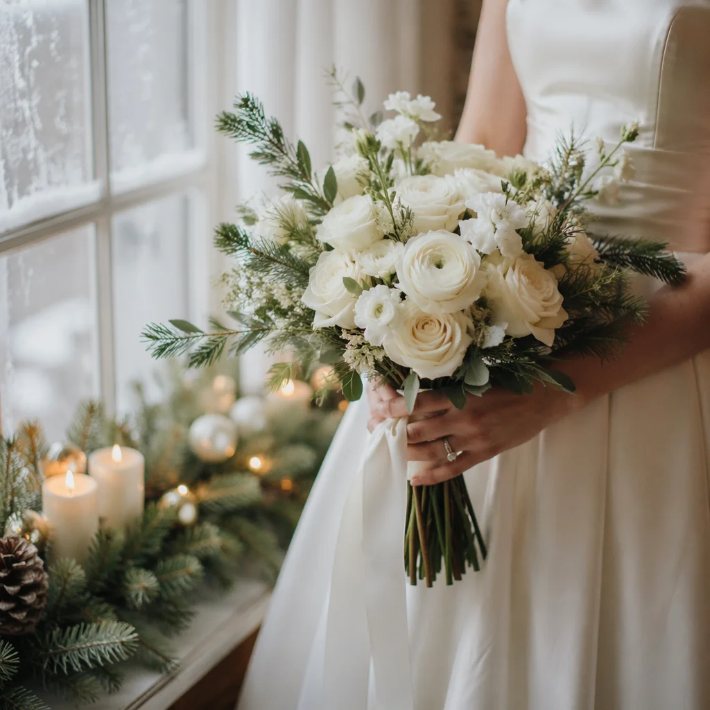White Winter Bridal Bouquet by Candlelight