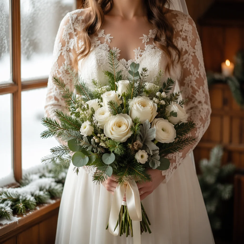 Winter Chapel Bride Holding White Bouquet