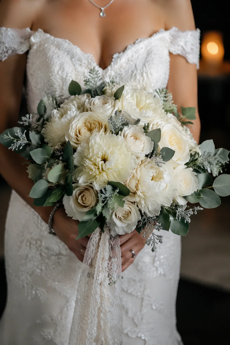 Elegant White Bridal Bouquet With Lace Gown