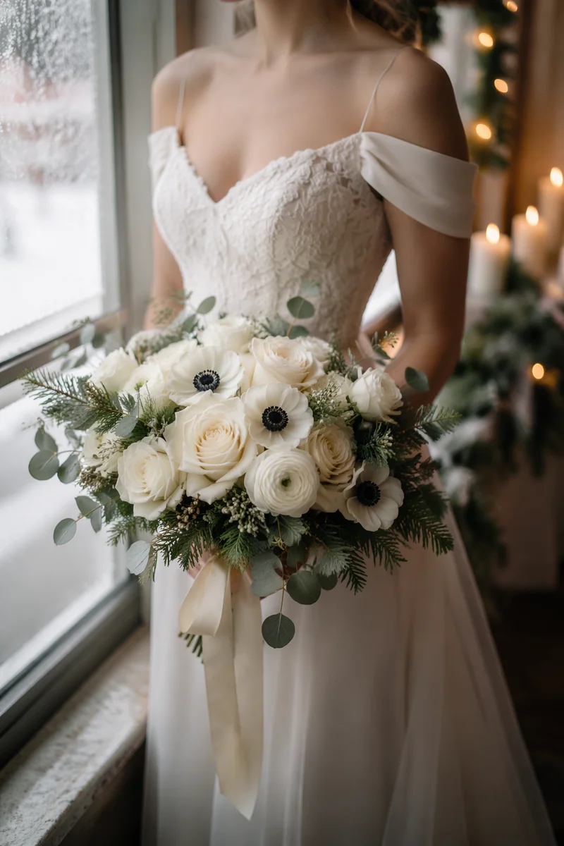 Winter Bride Holding White Wedding Bouquet