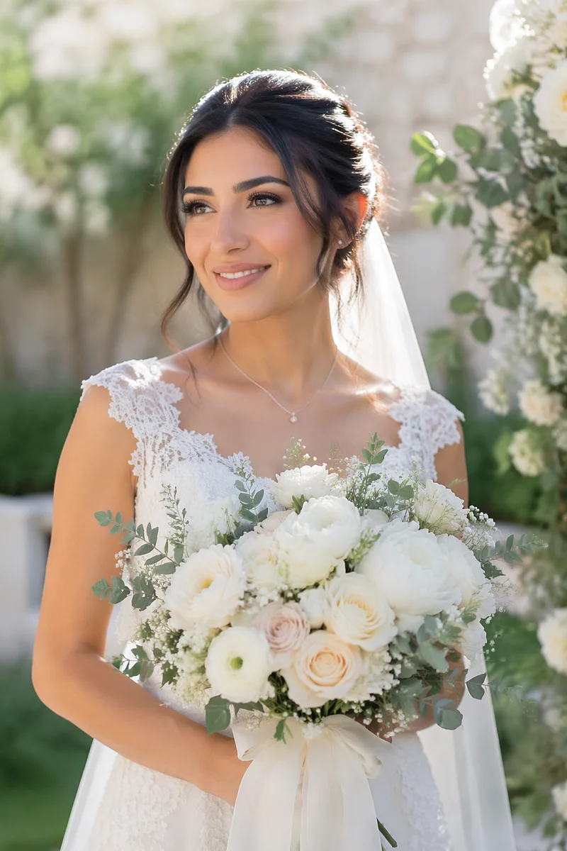 Bride Holding White Wedding Bouquet Outdoors