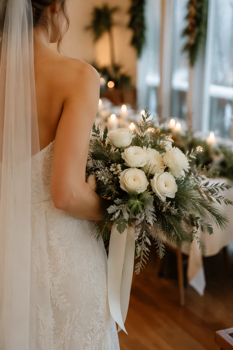 Winter Bride Holding White Floral Bouquet