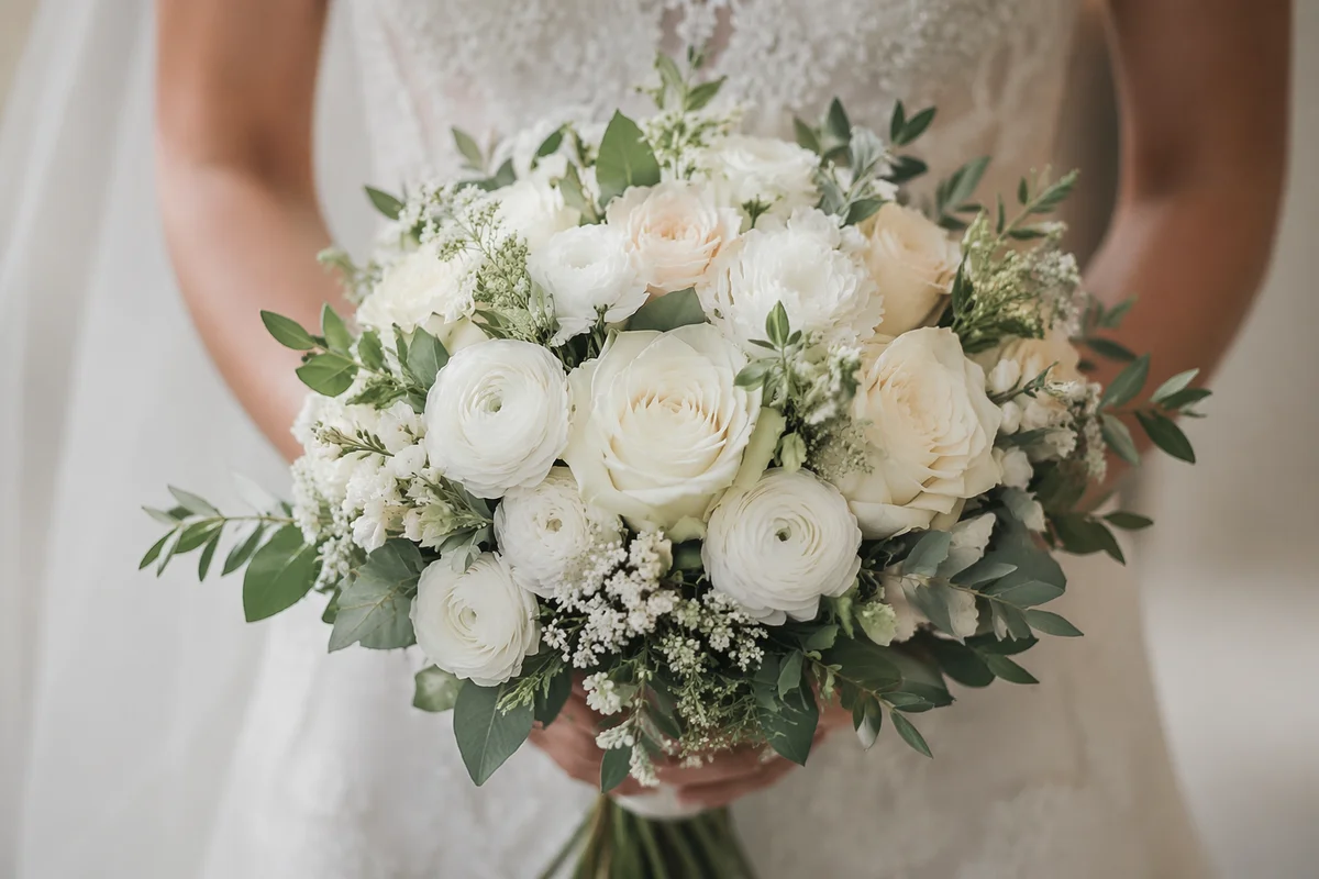 White Rose Bridal Bouquet in Soft Daylight